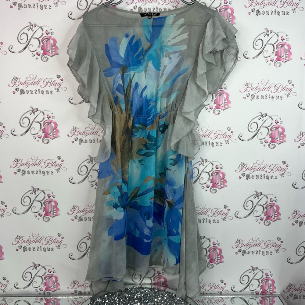 Strada fashion dress cinched flowy flowers smocked Gray and Blue High Low Dress